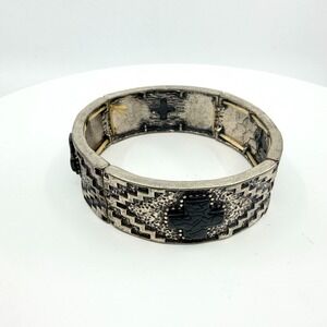 VTG Southwestern Silver Tone Black Cross Stretch Cuff Bracelet